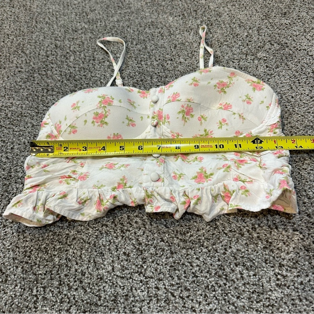 SIM & SAM M Ivory Pink Floral Top Bustier Smocked Back Stretch - Picture 9 of 10